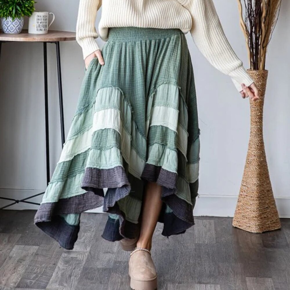 Oli & Hali Washed Tiered Smocked Waist Flare Hem Skirt NEW Size Large - Picture 4 of 5